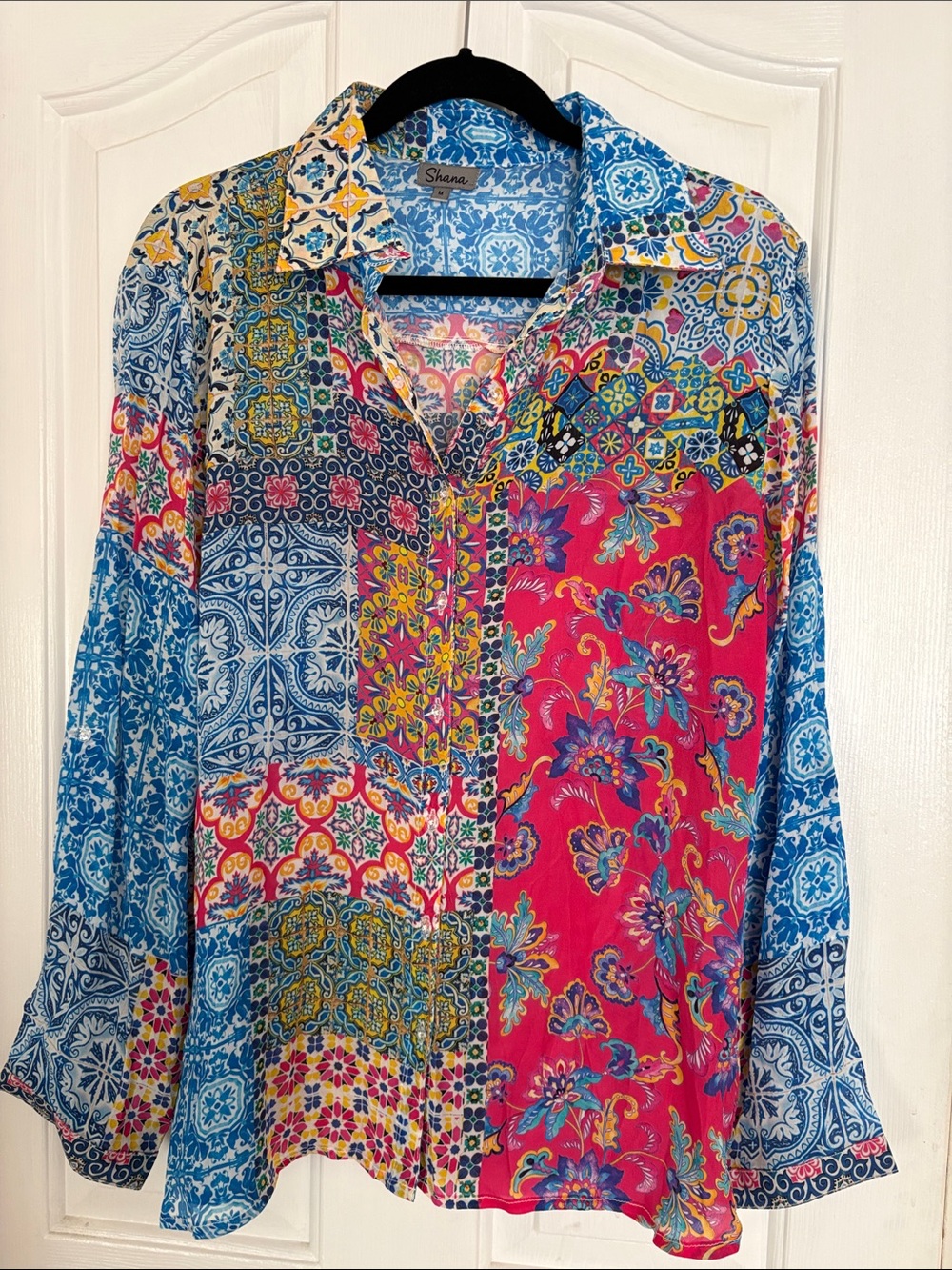 Shana Vibrant Blue and Pink Patchwork Button-Down Shirt